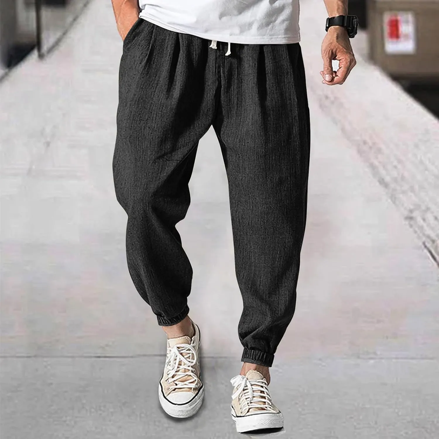Men's Casual Loose and Comfortable Casual Pants Cotton Linen Buttons Trousers
