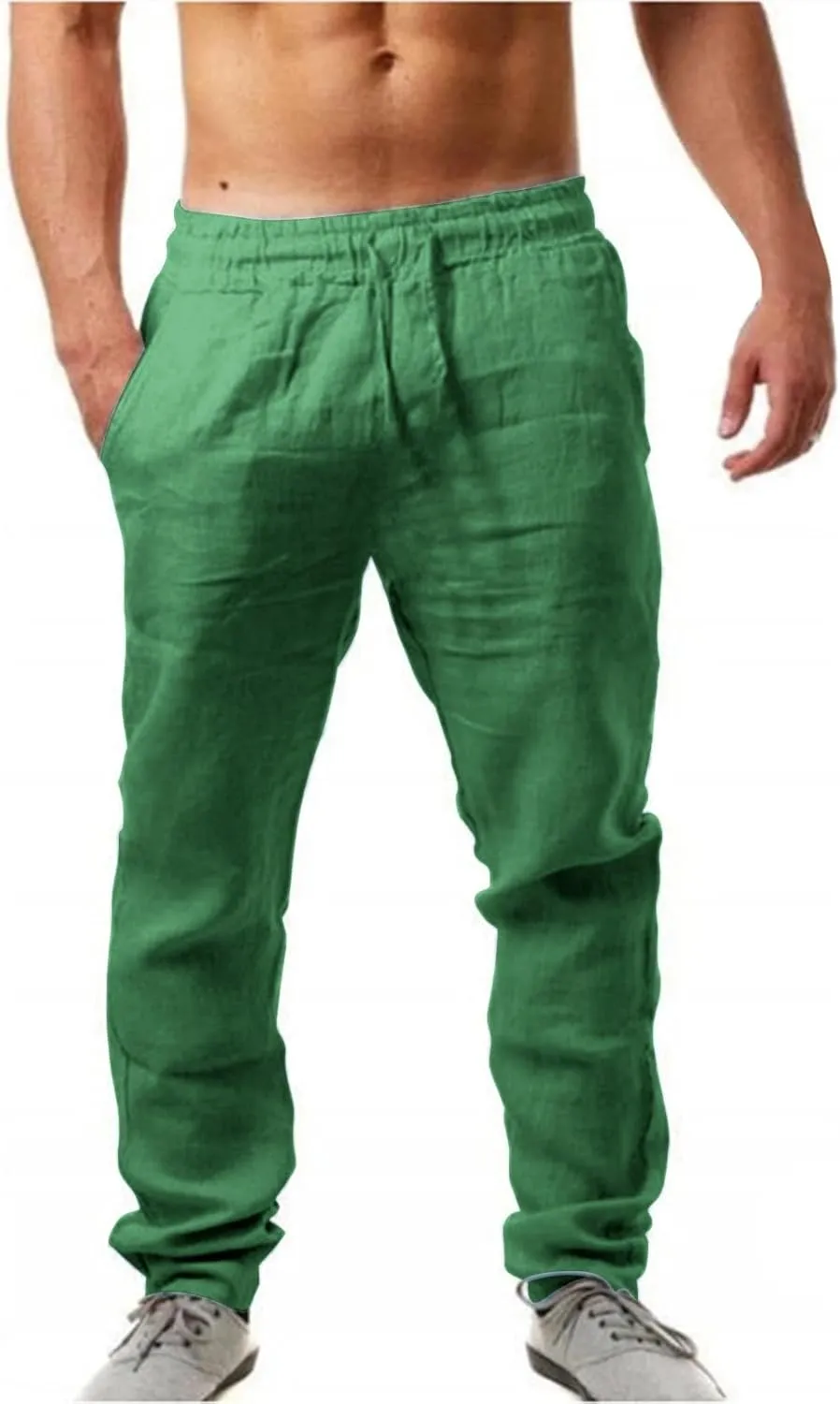 Men's Cotton Linen Pants Elastic Waist Drawstring Casual Trouser Lightweight Straight Legs Yoga Beach Pants