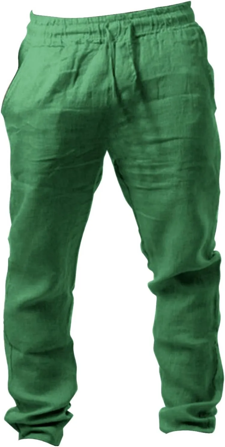 Men's Cotton Linen Pants Elastic Waist Drawstring Casual Trouser Lightweight Straight Legs Yoga Beach Pants