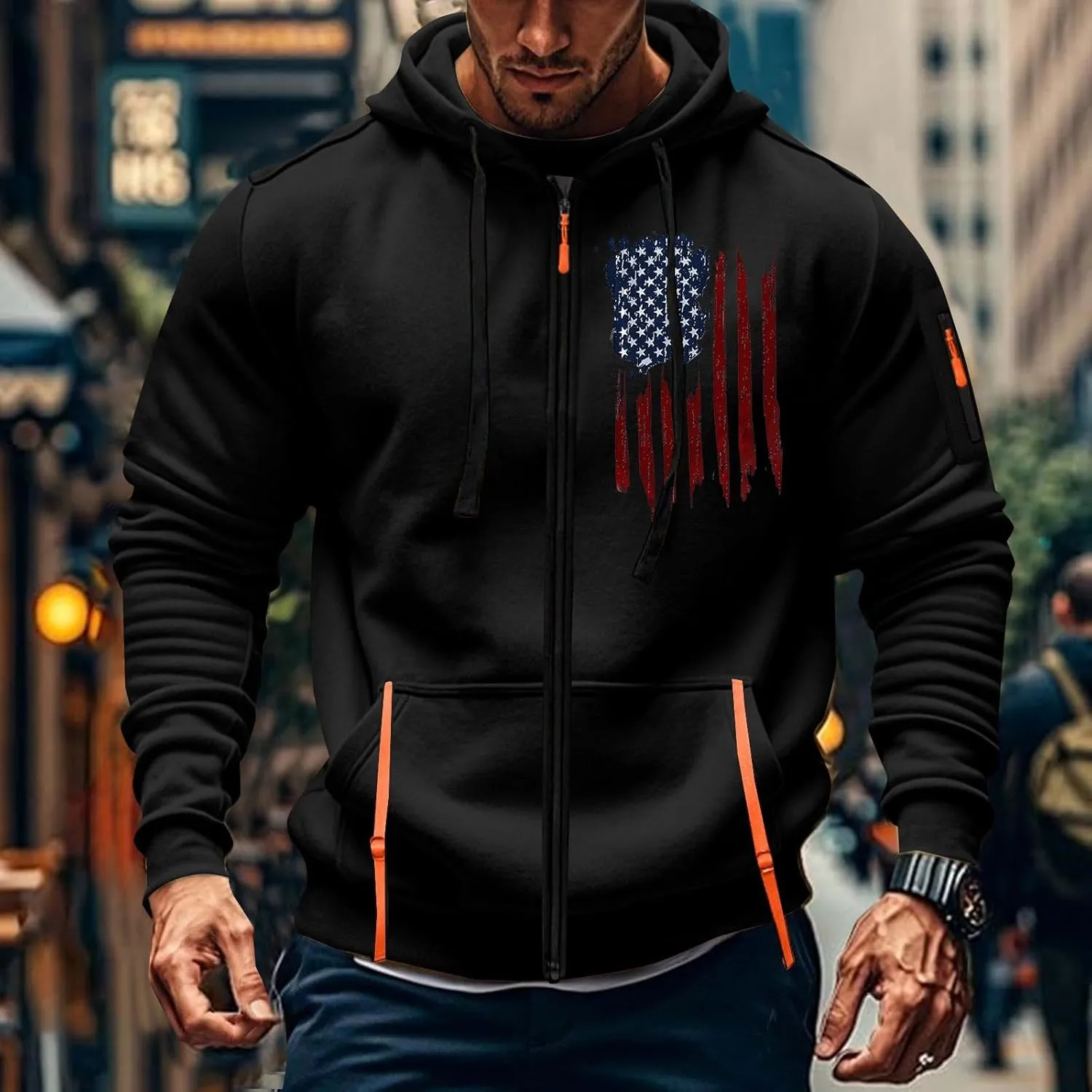 Mens Drawstring Fall Zip Hoodies Tactical Patriotic Long Sleeve Sweatshirt Outdoor Cargo Sweatshirt with Pockets