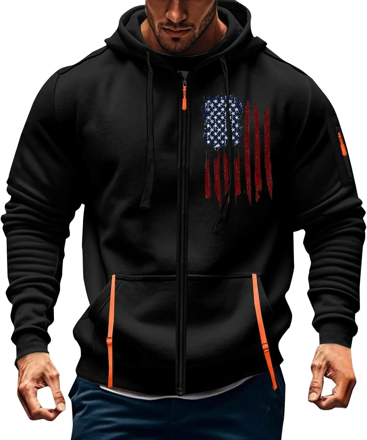 Mens Drawstring Fall Zip Hoodies Tactical Patriotic Long Sleeve Sweatshirt Outdoor Cargo Sweatshirt with Pockets