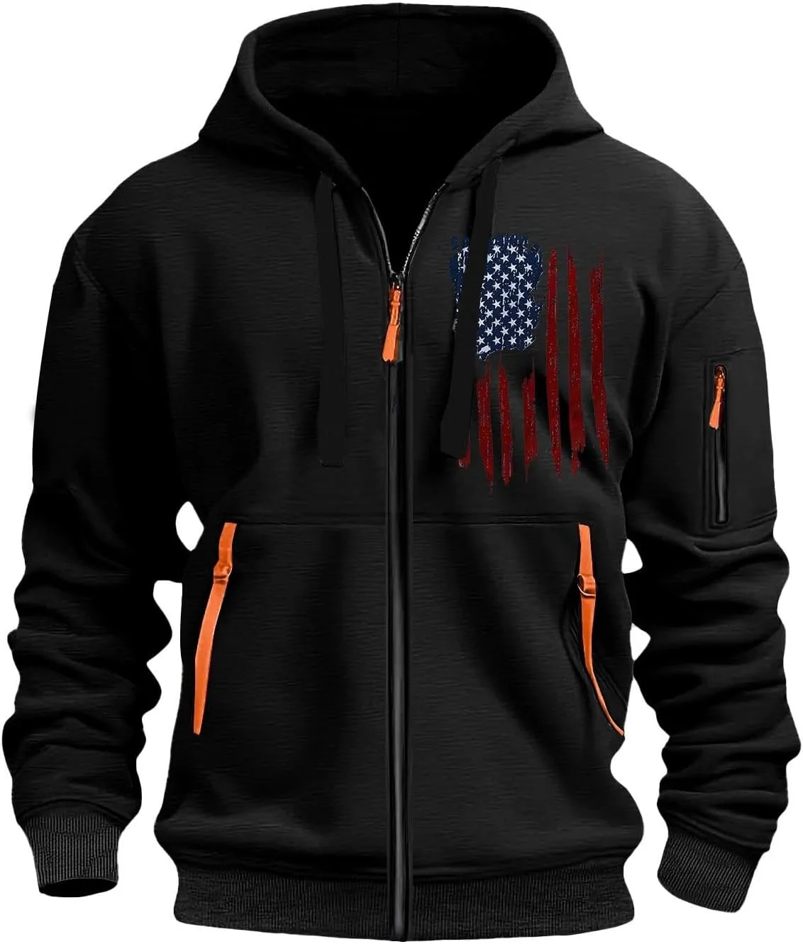 Mens Drawstring Fall Zip Hoodies Tactical Patriotic Long Sleeve Sweatshirt Outdoor Cargo Sweatshirt with Pockets