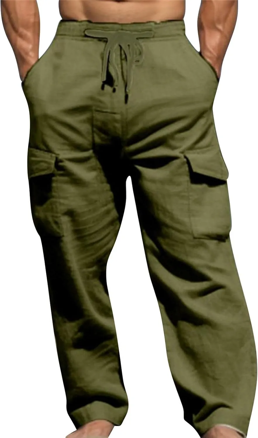 Mens Linen Beach Pants Big Tall Casual Elastic Waist Summer Beach Pants Lightweight Breathable Yoga Vacation Trouser