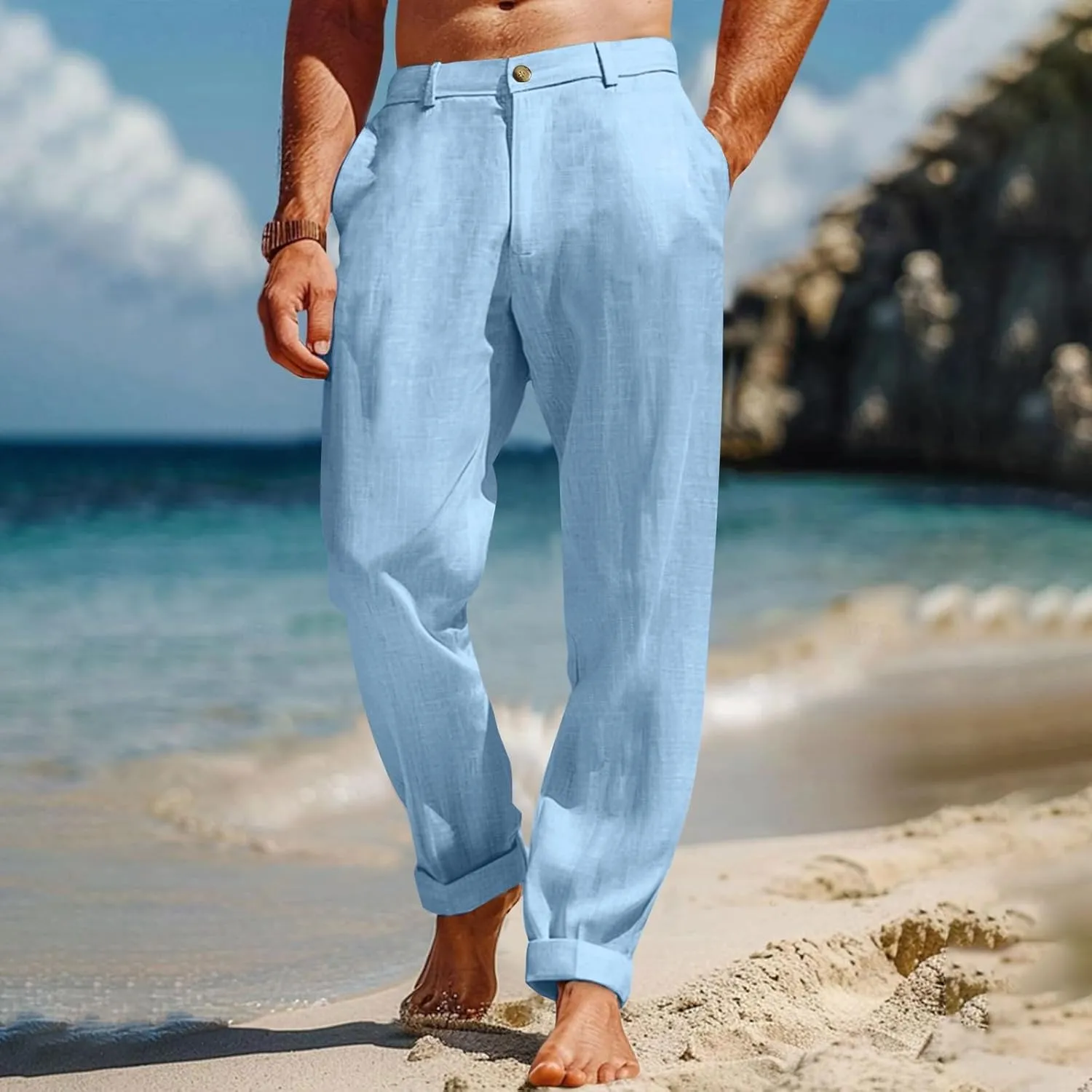Mens Linen Pants Big and Tall Casual Elastic Waist Summer Beach Pants Lightweight Breathable Yoga Vacation Trousers