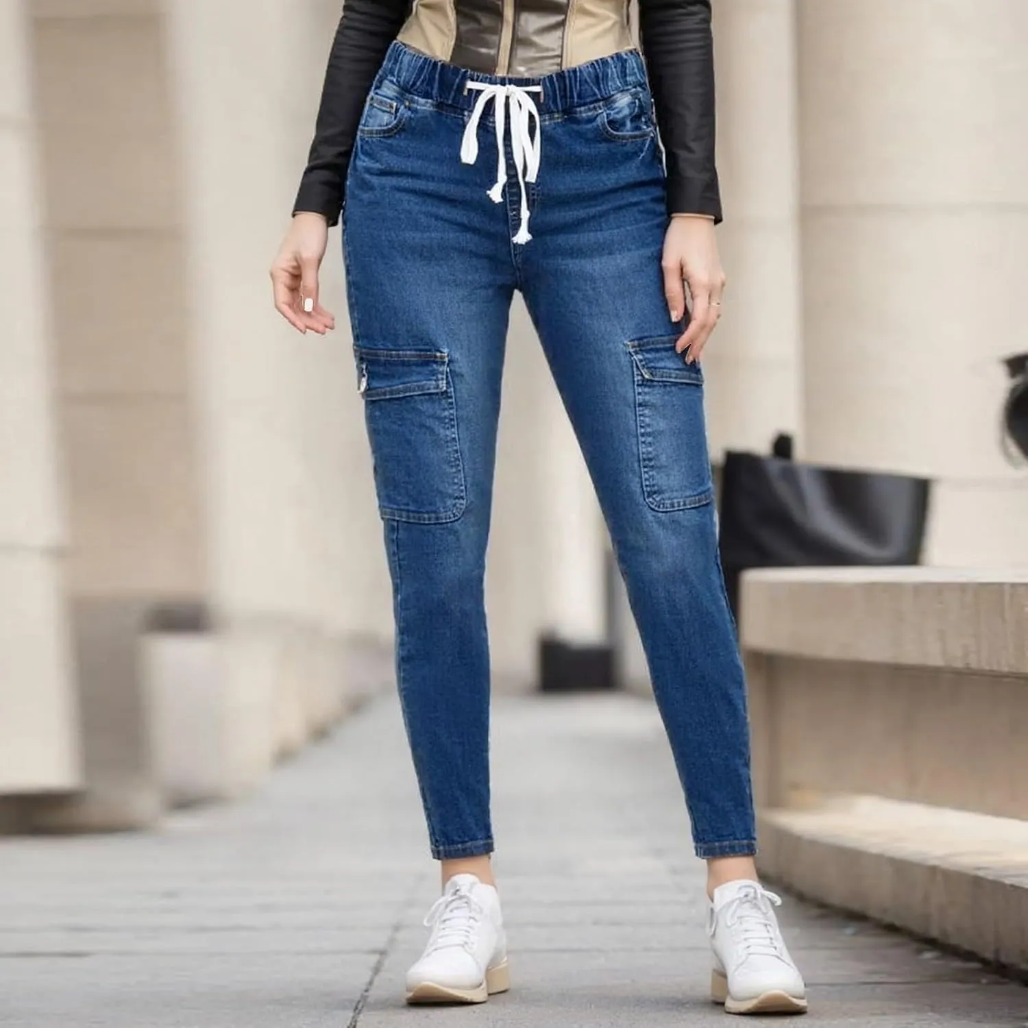 Mid Rise Jeans for Women Skinny Drawstring Elastic Waist Pull on Jean Leggings Jeggings Petite Ladies Denim Joggers