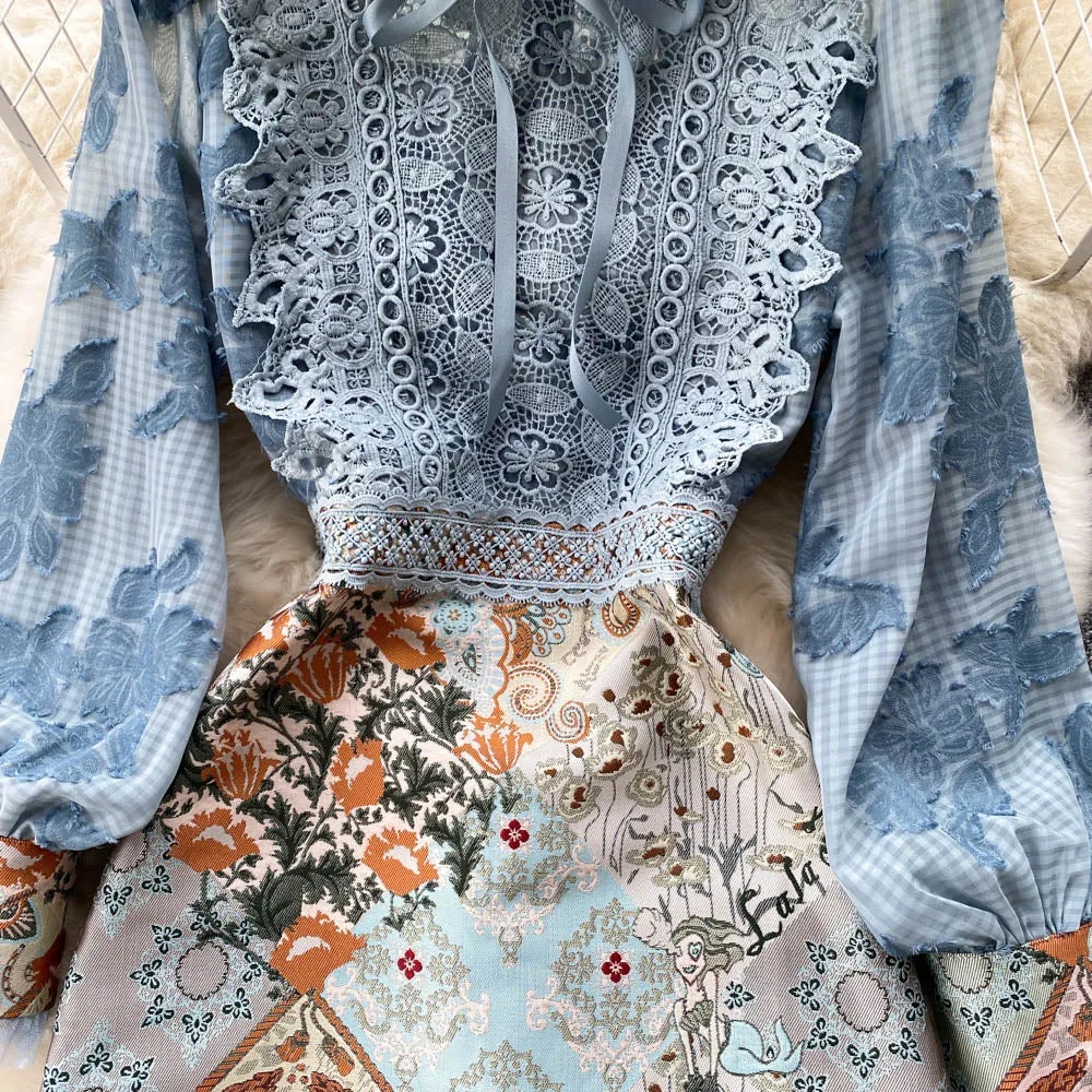 Midi Dress Boho Vintage - Embroidery French Style Dress - Lace Elegant Bow Alodia