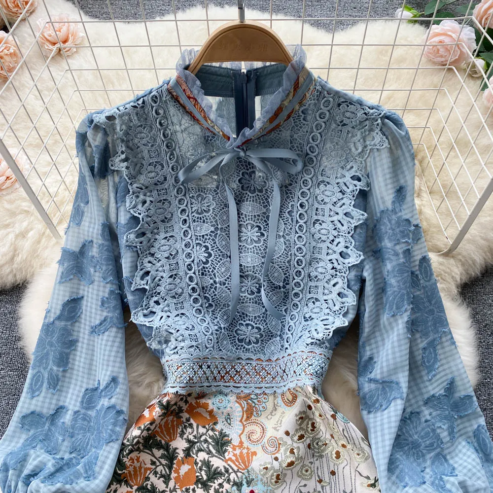 Midi Dress Boho Vintage - Embroidery French Style Dress - Lace Elegant Bow Alodia