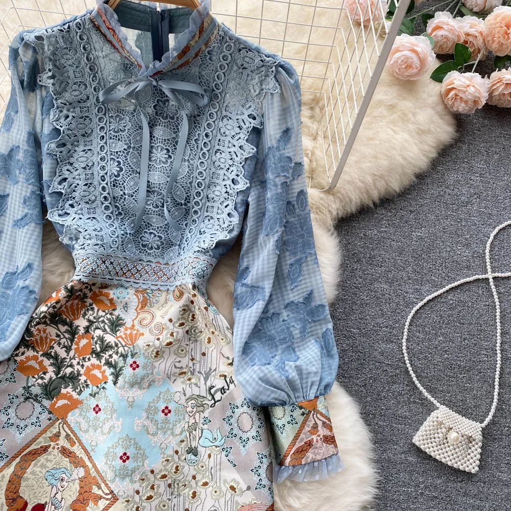 Midi Dress Boho Vintage - Embroidery French Style Dress - Lace Elegant Bow Alodia
