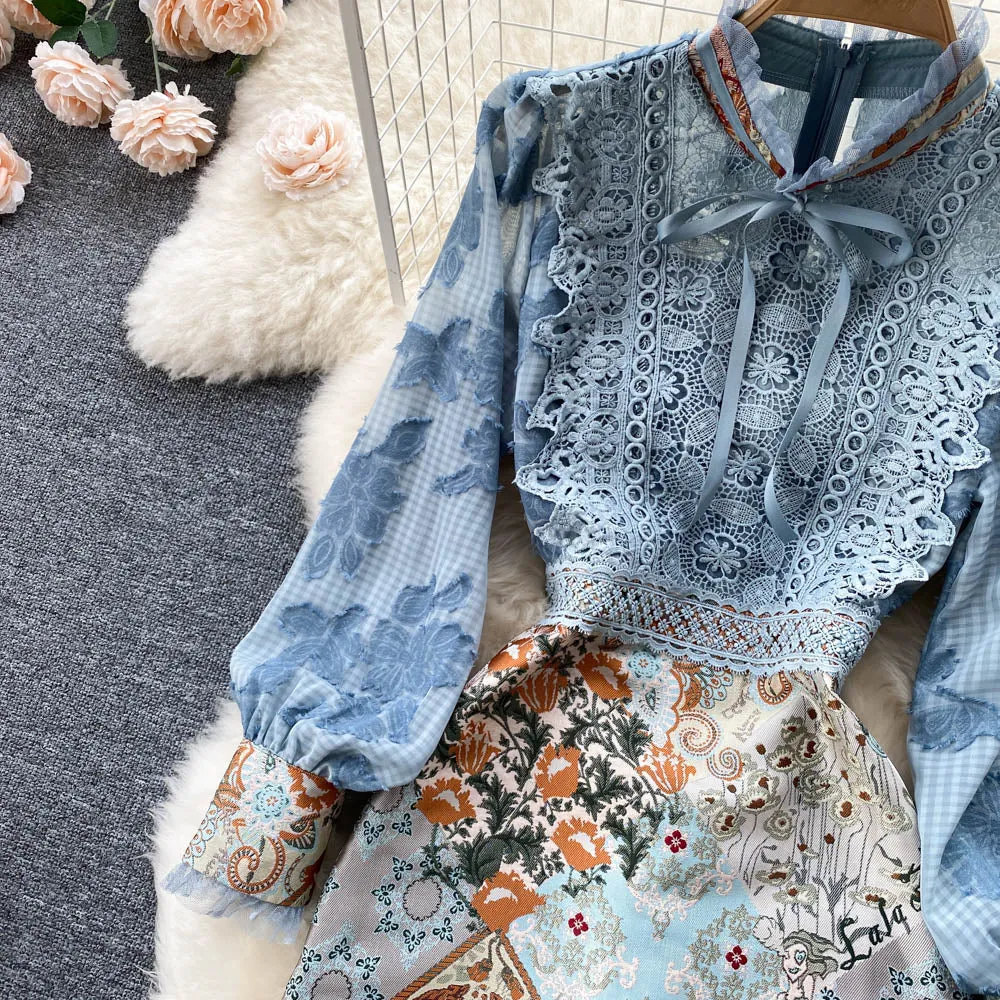 Midi Dress Boho Vintage - Embroidery French Style Dress - Lace Elegant Bow Alodia