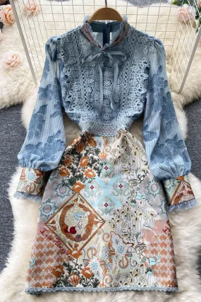 Midi Dress Boho Vintage - Embroidery French Style Dress - Lace Elegant Bow Alodia