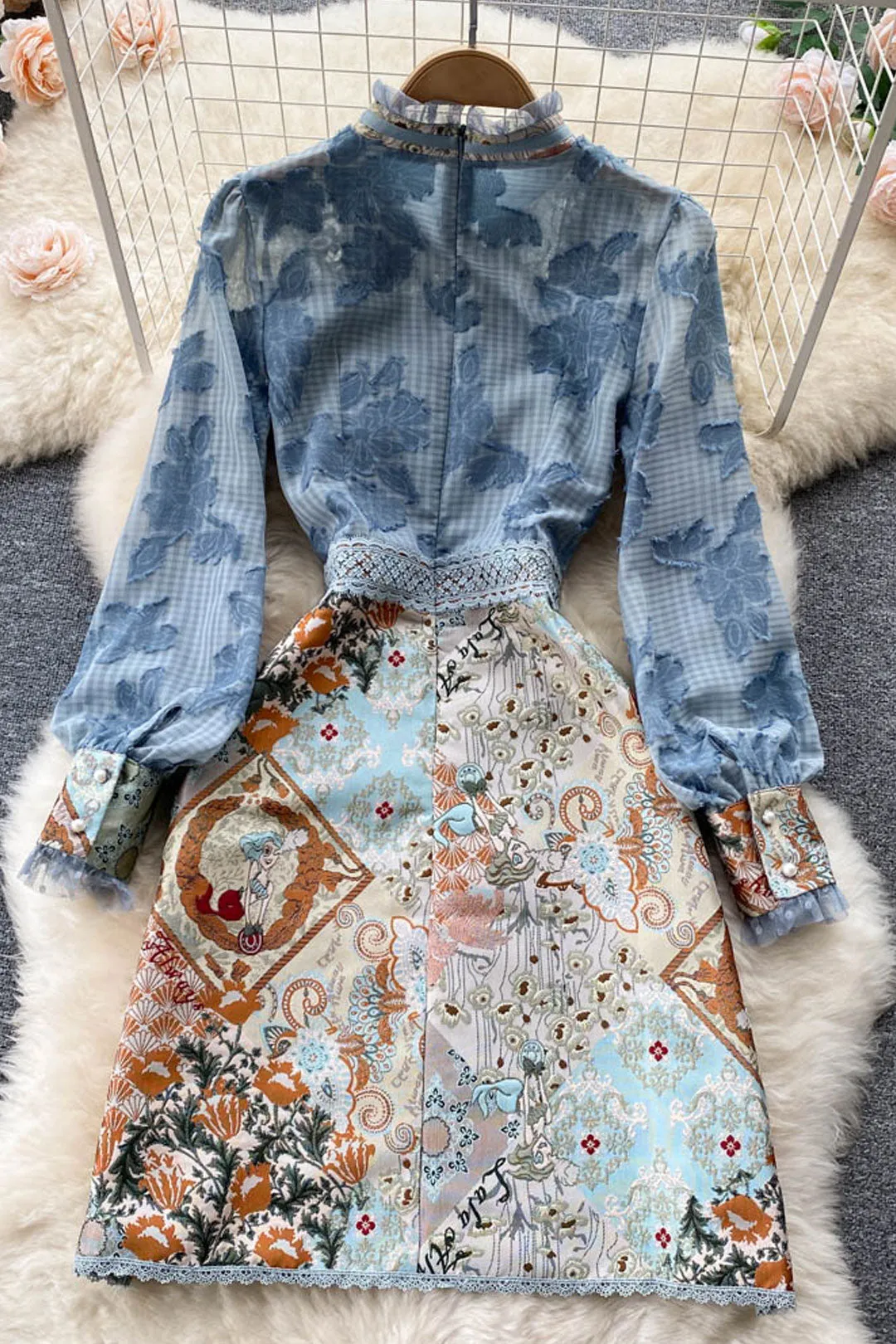 Midi Dress Boho Vintage - Embroidery French Style Dress - Lace Elegant Bow Alodia
