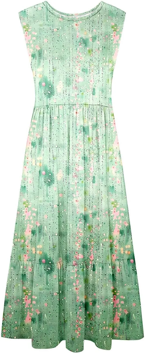 Midi Dresses for Women Elegant Halter Dress Pleated Flowy Comfortable Soft Dress Summer Outing Dresses with Pockets
