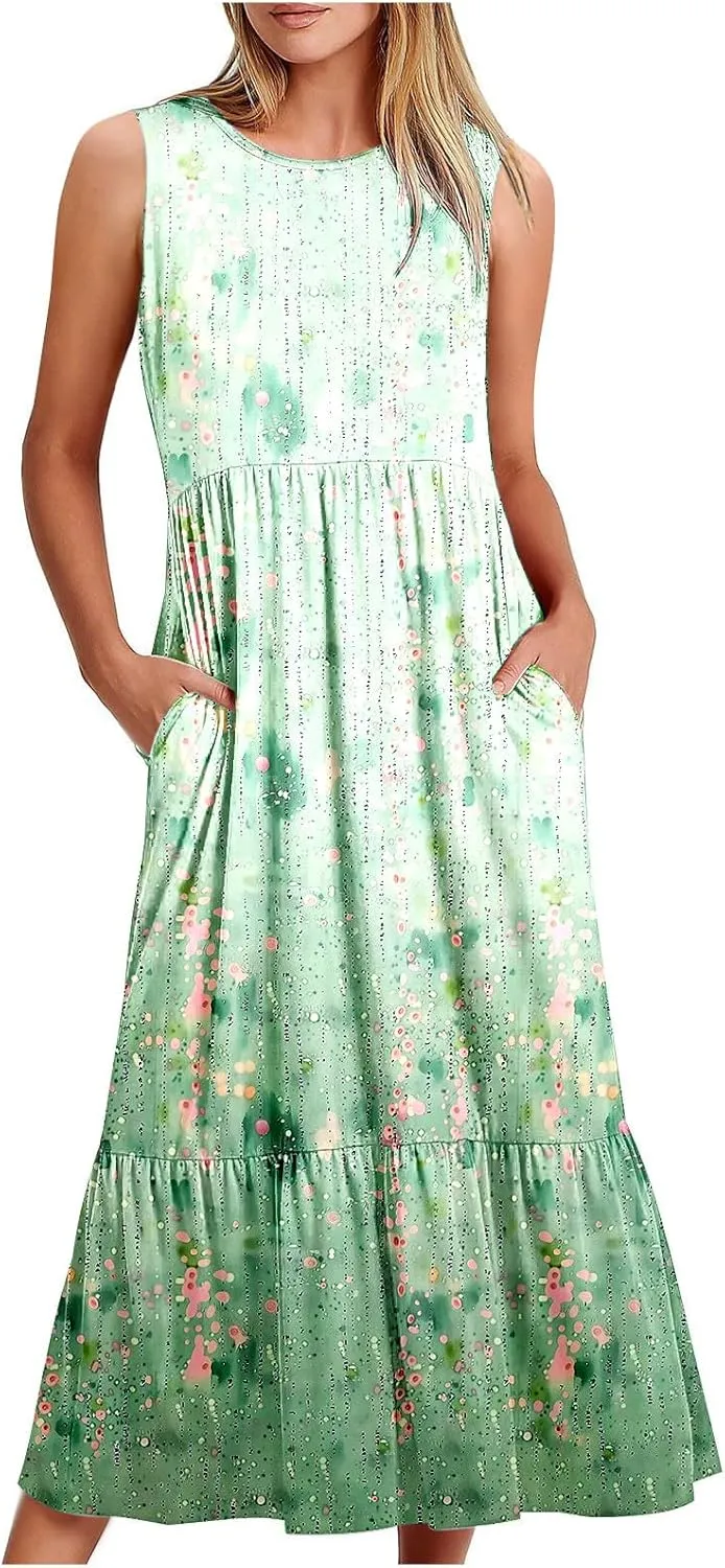 Midi Dresses for Women Elegant Halter Dress Pleated Flowy Comfortable Soft Dress Summer Outing Dresses with Pockets