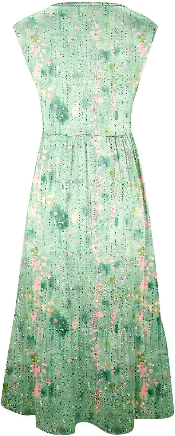 Midi Dresses for Women Elegant Halter Dress Pleated Flowy Comfortable Soft Dress Summer Outing Dresses with Pockets
