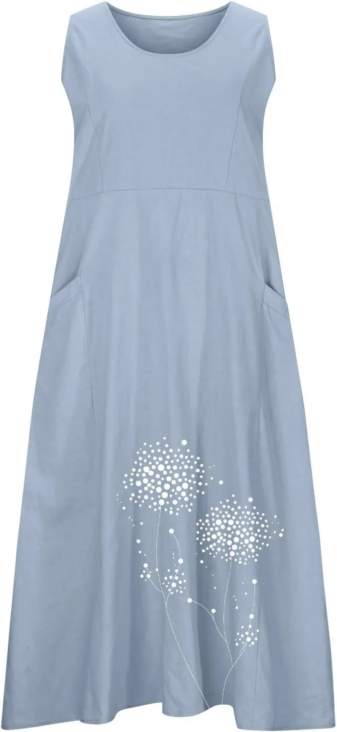Midi Summer Dresses for Women 2025 Vacation Linen Sleeveless Scoop Neck Print Flowy Sundress Loose Beach Dress Pocket