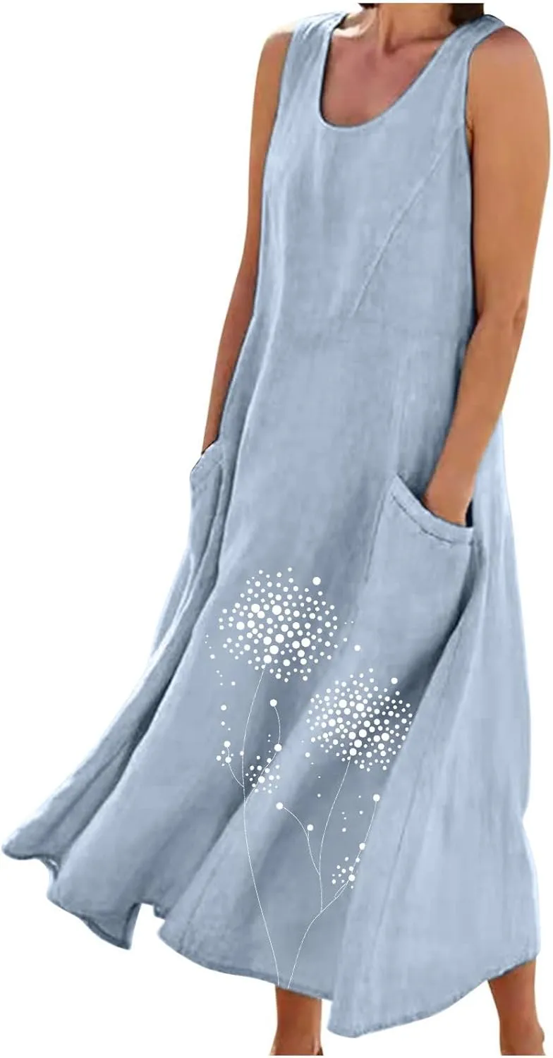 Midi Summer Dresses for Women 2025 Vacation Linen Sleeveless Scoop Neck Print Flowy Sundress Loose Beach Dress Pocket