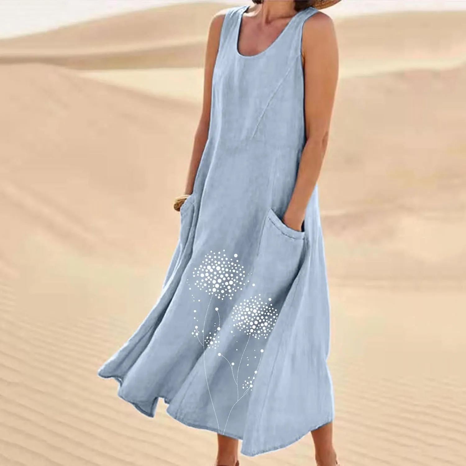 Midi Summer Dresses for Women 2025 Vacation Linen Sleeveless Scoop Neck Print Flowy Sundress Loose Beach Dress Pocket