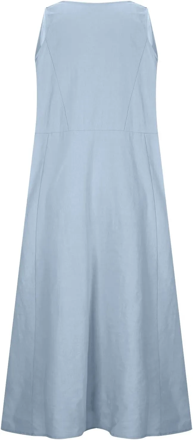 Midi Summer Dresses for Women 2025 Vacation Linen Sleeveless Scoop Neck Print Flowy Sundress Loose Beach Dress Pocket
