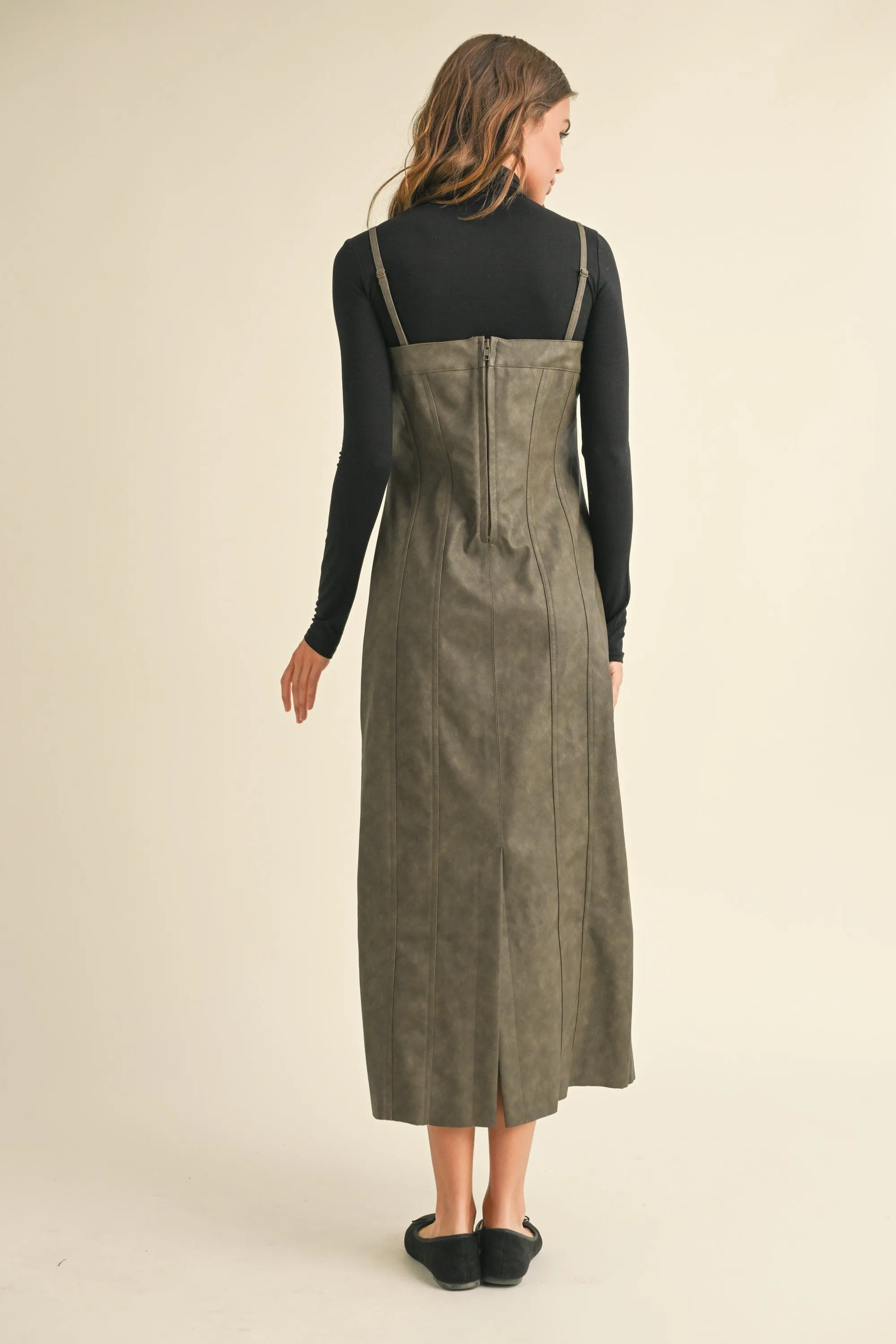 Mineral Wash Effect PU Midi Dress