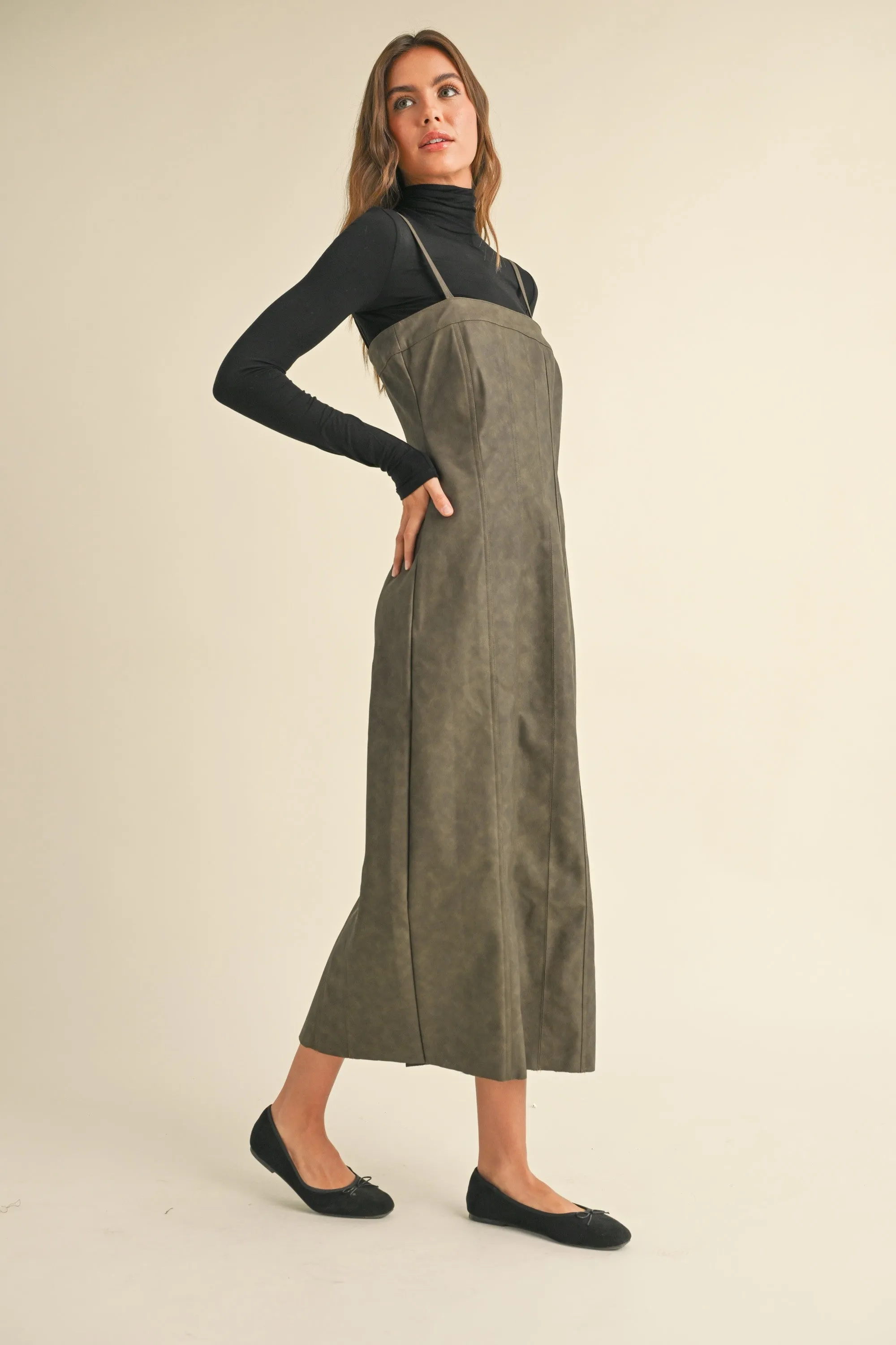 Mineral Wash Effect PU Midi Dress