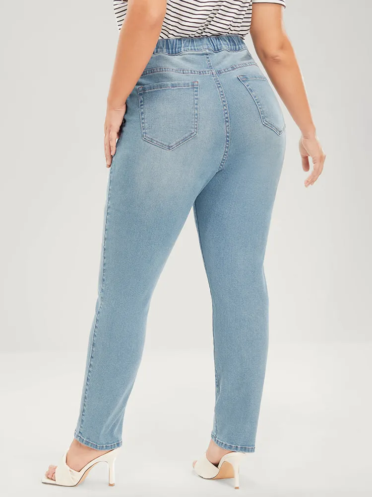 Mom Jeans Straight Very Stretchy Mid Rise Light Wash Jeans