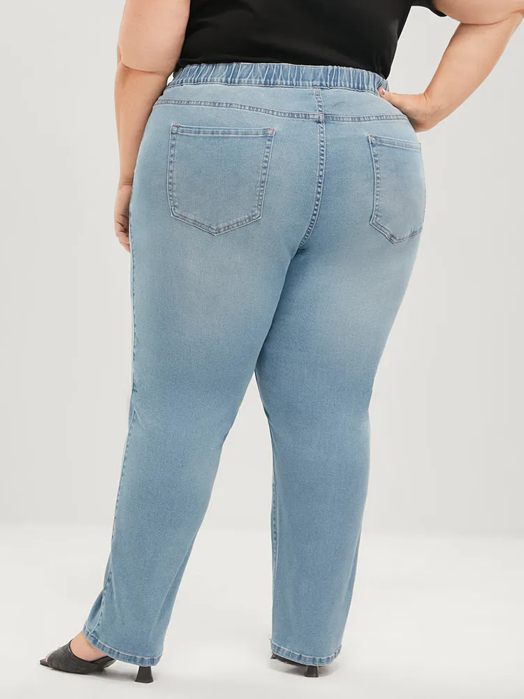 Mom Jeans Straight Very Stretchy Mid Rise Light Wash Jeans