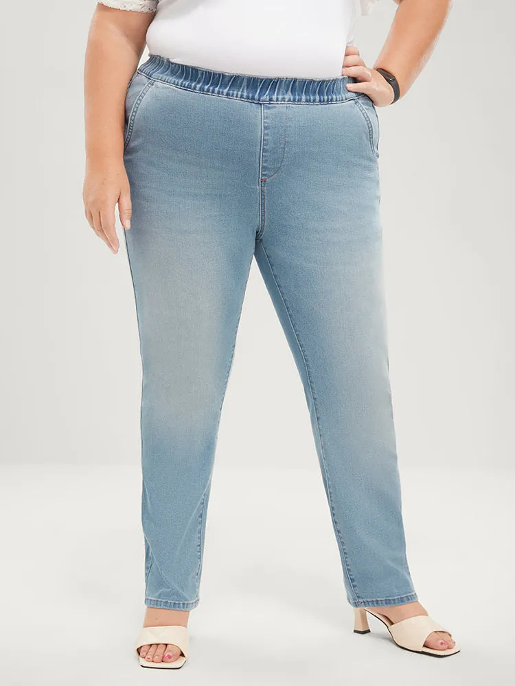 Mom Jeans Straight Very Stretchy Mid Rise Light Wash Jeans