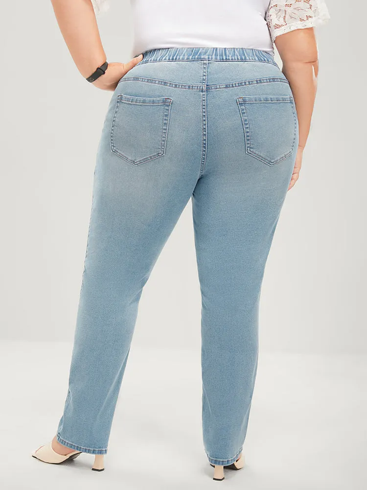 Mom Jeans Straight Very Stretchy Mid Rise Light Wash Jeans