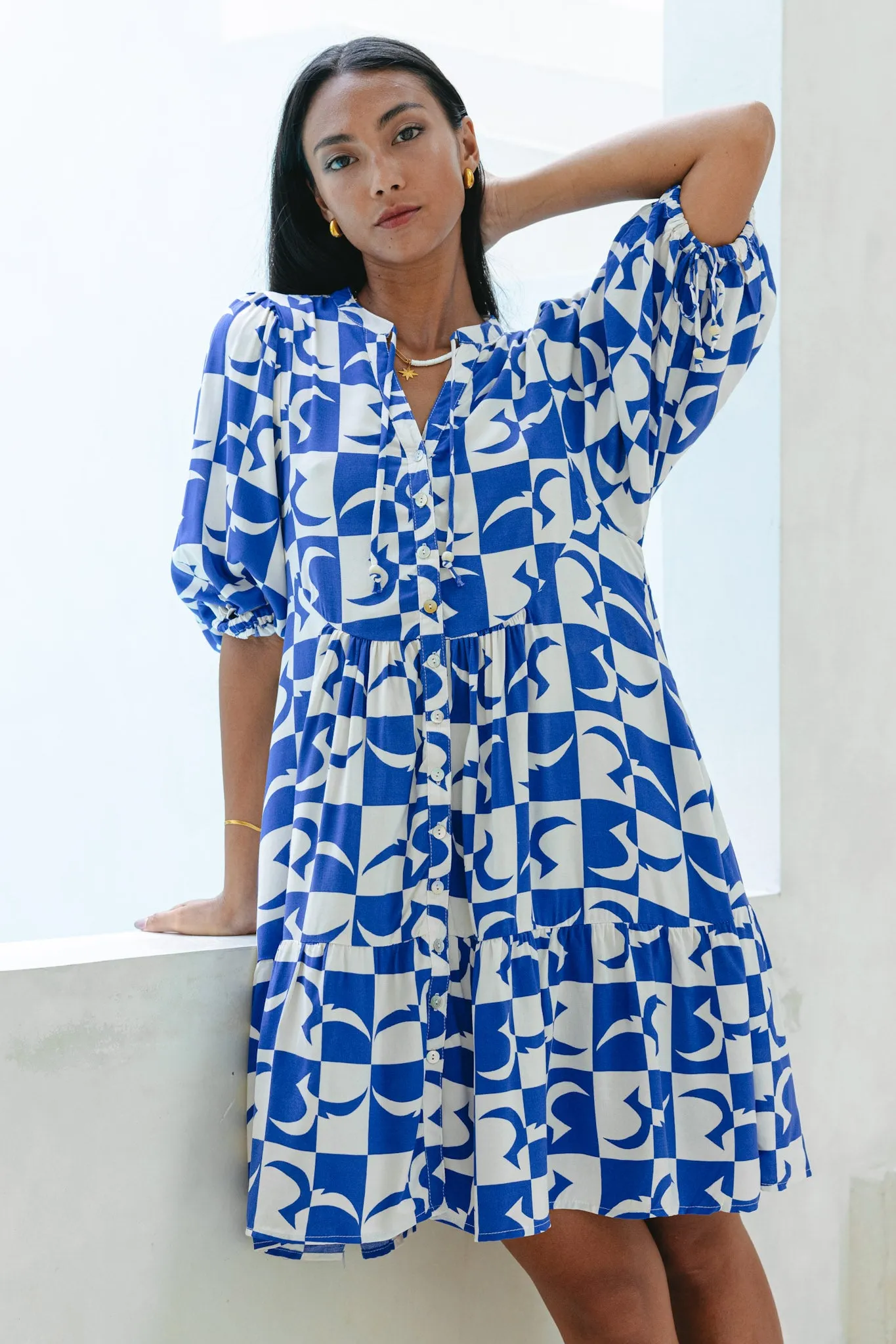 Nysa Blue Geo Tile Button Down Mini Dress