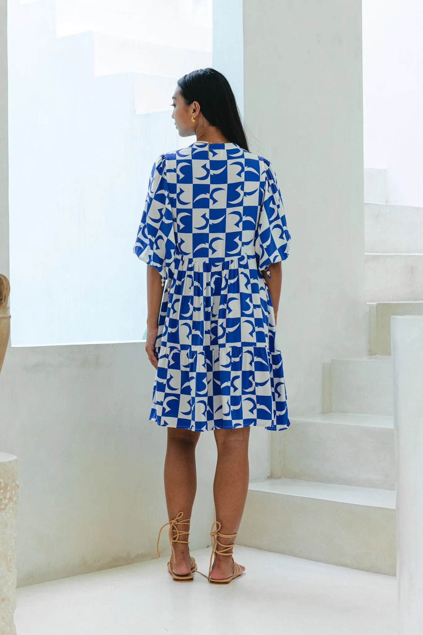 Nysa Blue Geo Tile Button Down Mini Dress