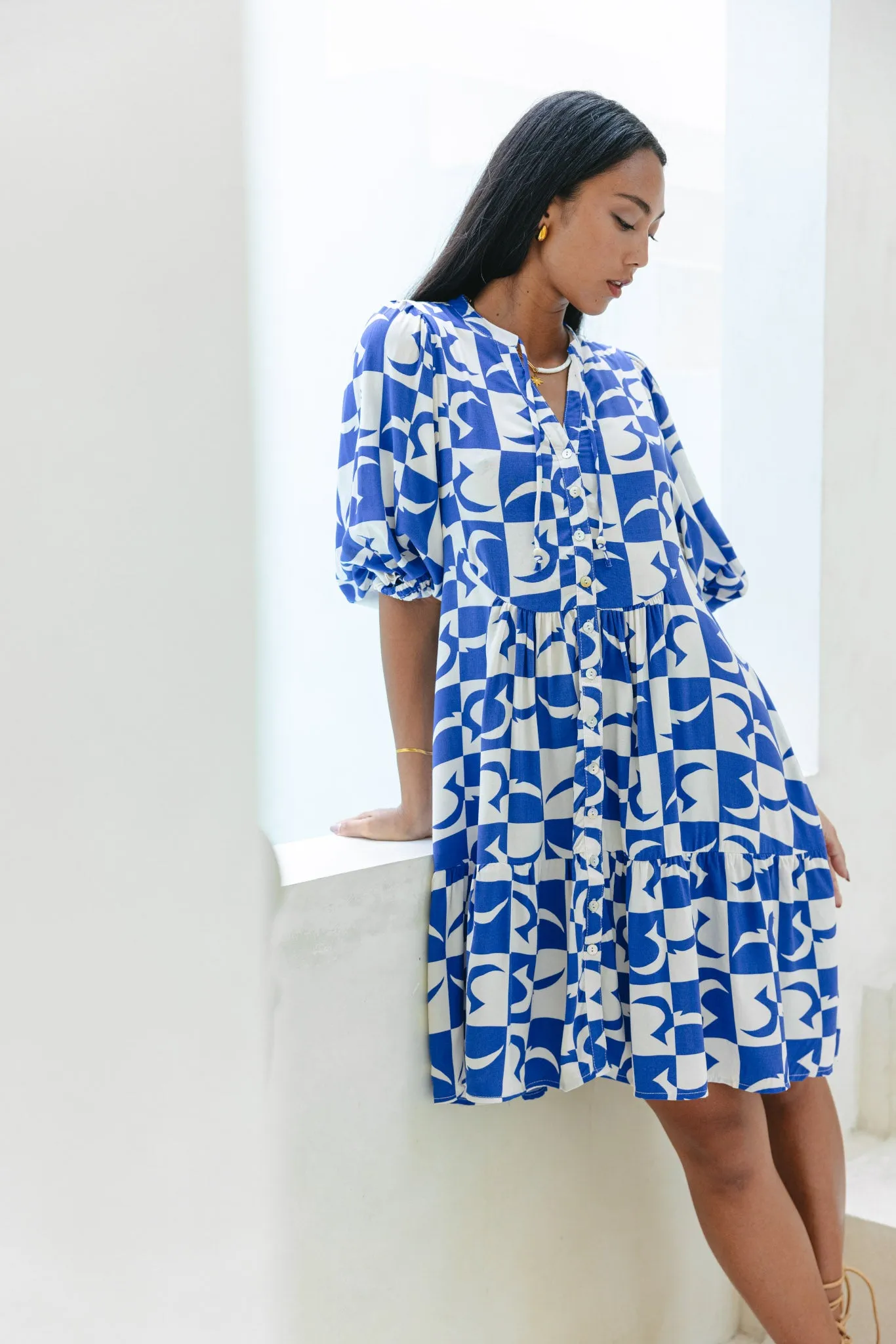 Nysa Blue Geo Tile Button Down Mini Dress