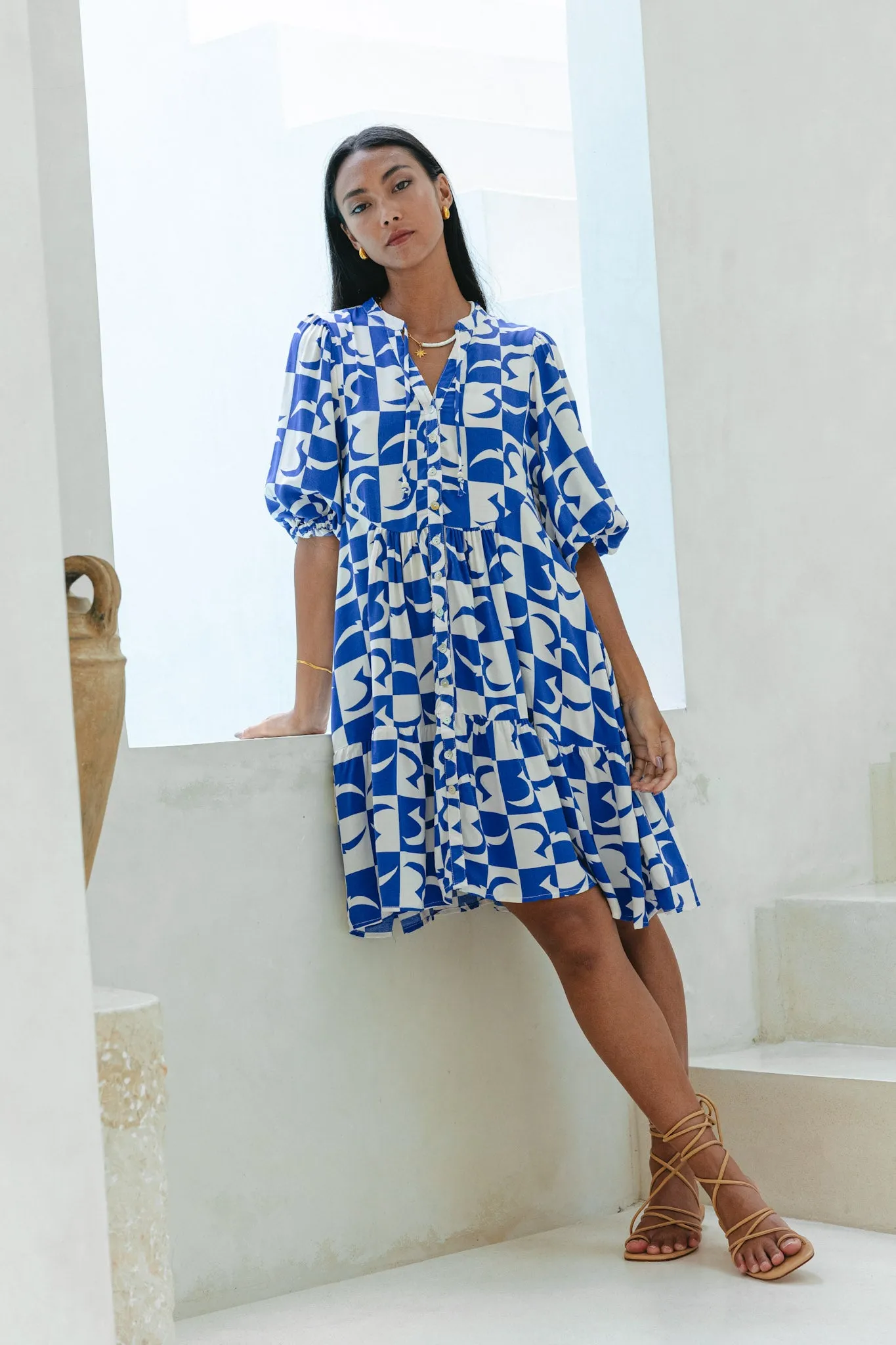 Nysa Blue Geo Tile Button Down Mini Dress