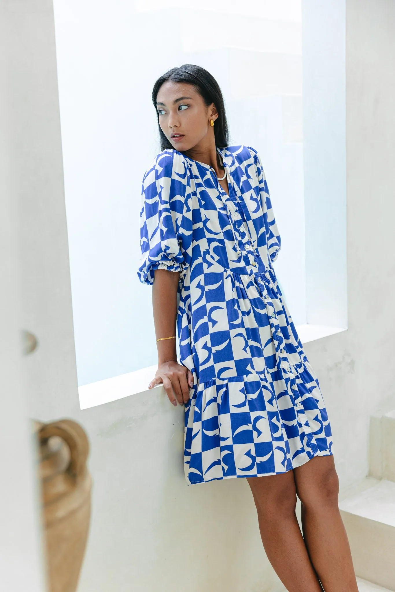 Nysa Blue Geo Tile Button Down Mini Dress