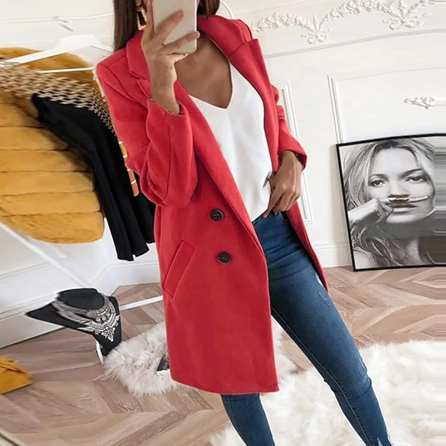 PETYCZEN Oversized Blazers for Women Long Sleeve Lapel Open Front Business Casual Tweed Blazer Jackets Casual Trench Coats