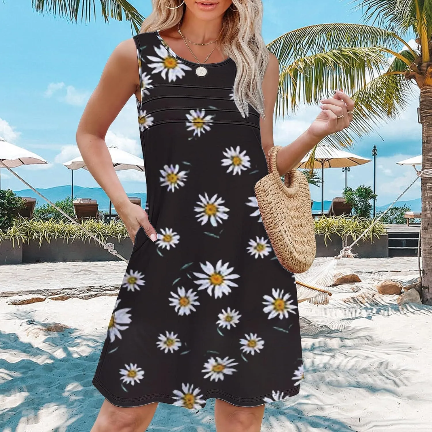 Plus Size Floral Dress Womens with Pockets Summer Casual Tank Dress Sleeveless Midi Beach Dress Cotton Dress Midi