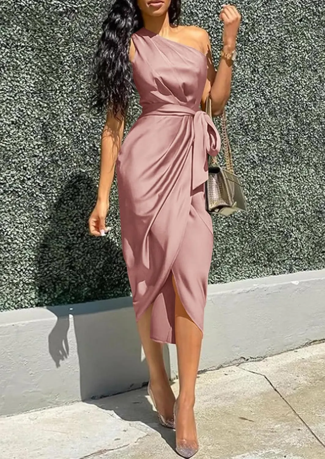 PRETTYGARDEN Women's Summer One Shoulder Ruched Satin Dress Sleeveless Wrap Spring Wedding Guest Cocktail Midi Dress