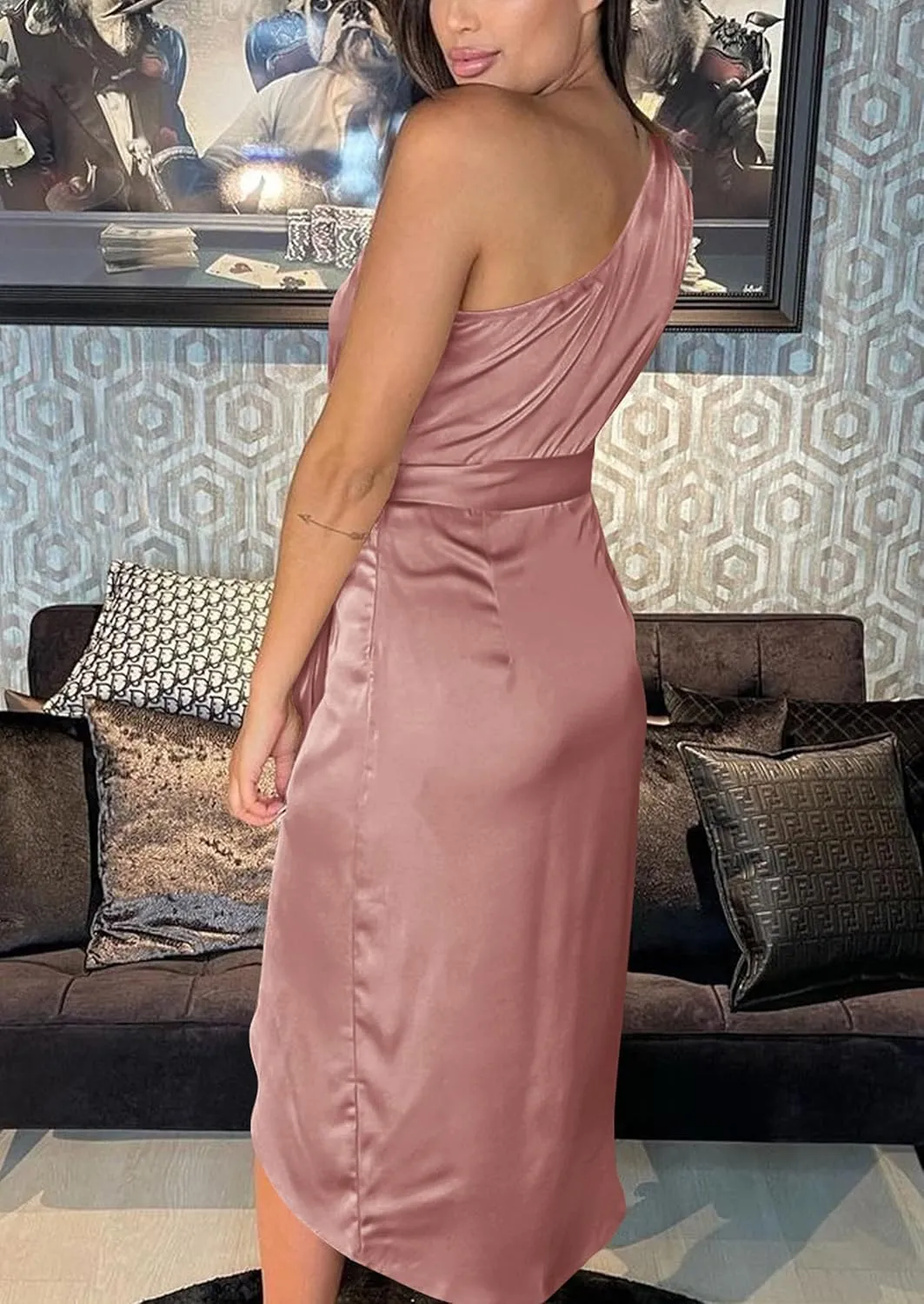 PRETTYGARDEN Women's Summer One Shoulder Ruched Satin Dress Sleeveless Wrap Spring Wedding Guest Cocktail Midi Dress