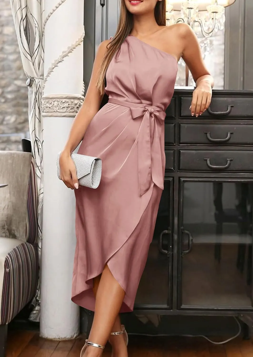 PRETTYGARDEN Women's Summer One Shoulder Ruched Satin Dress Sleeveless Wrap Spring Wedding Guest Cocktail Midi Dress