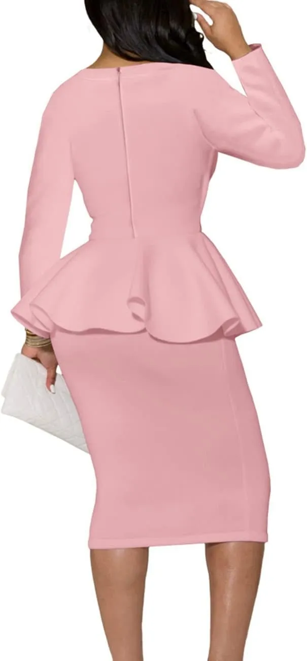 SEBOWEL Women Ruffle Peplum Bodycon Midi Dress Pencil Business Office Work Dress Elegant Wrap V Neck Club Evening Party Dress