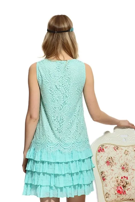 Shabby Chic Eyelash Lace Ruffle Dress - Mint