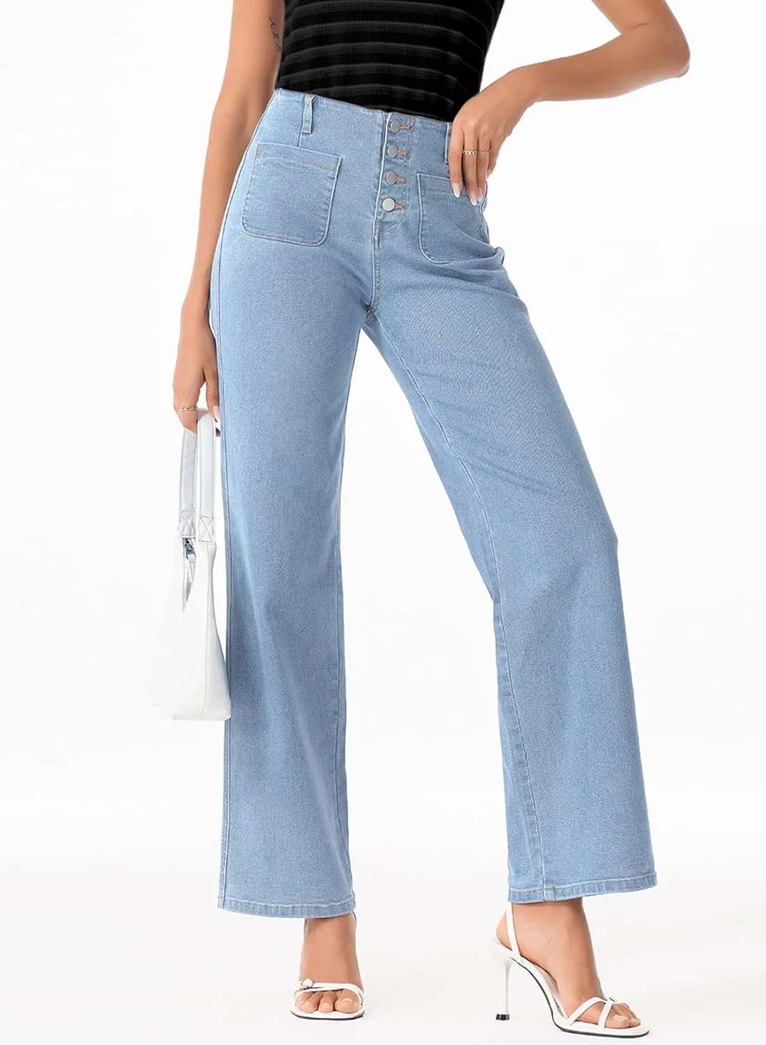 Sidefeel Women's Wide Leg High Waisted Stretchy Tummy Control Zimbaplatinum Jeans
