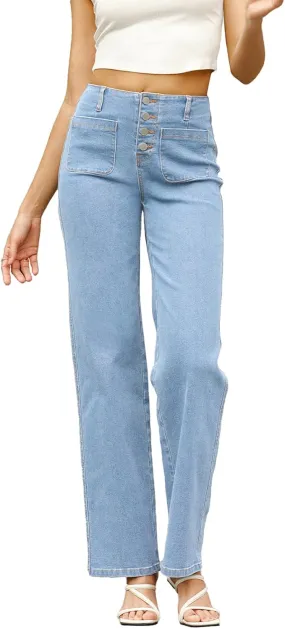 Sidefeel Women's Wide Leg High Waisted Stretchy Tummy Control Zimbaplatinum Jeans