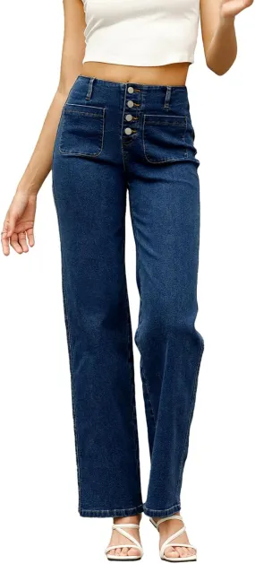Sidefeel Women's Wide Leg High Waisted Stretchy Tummy Control Zimbaplatinum Jeans