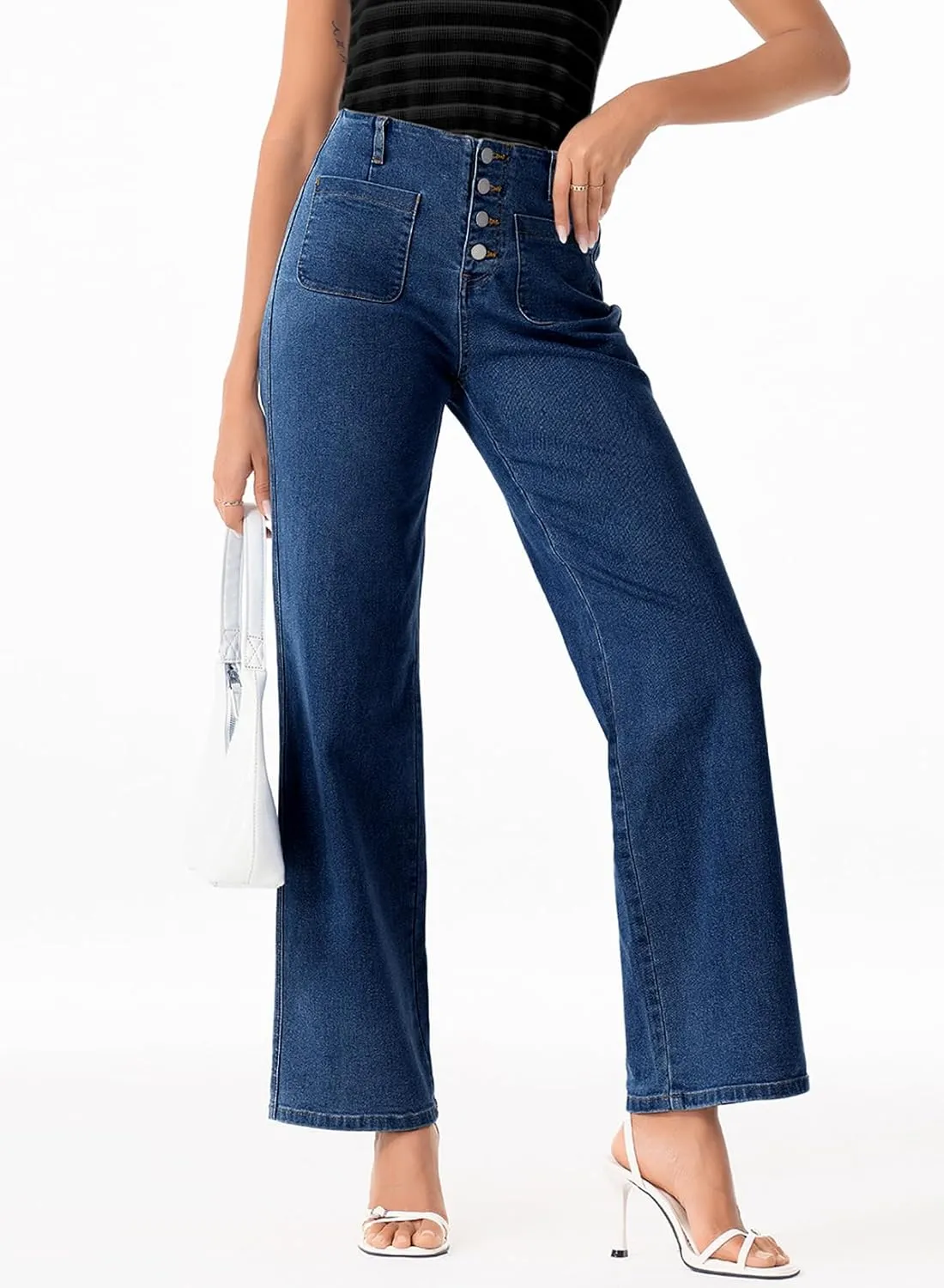 Sidefeel Women's Wide Leg High Waisted Stretchy Tummy Control Zimbaplatinum Jeans