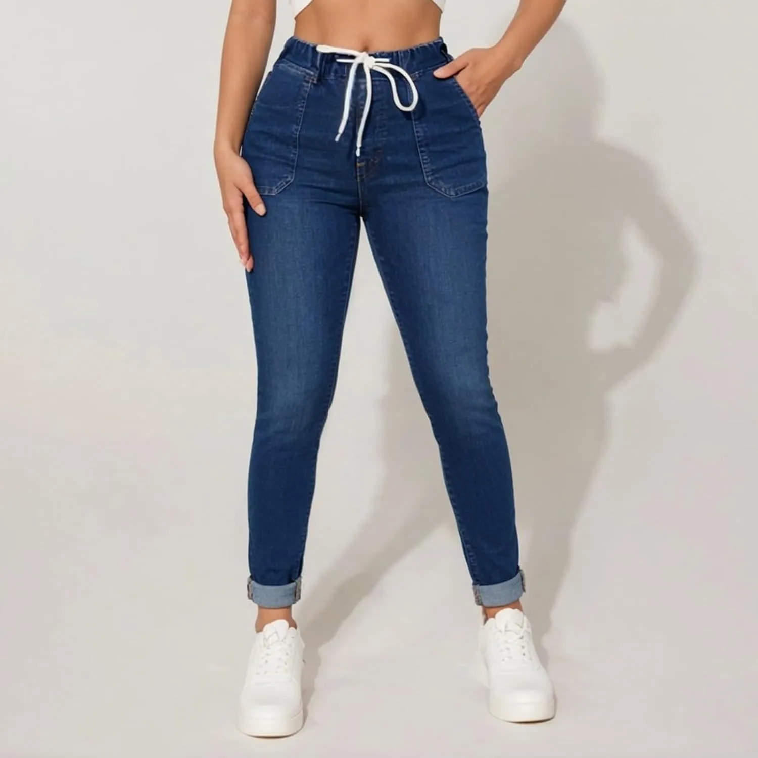 Skinny Jeans for Women Mid Rise Drawstring Elastic Waist Pull on Jean Leggings Jeggings Petite Ladies Denim Joggers