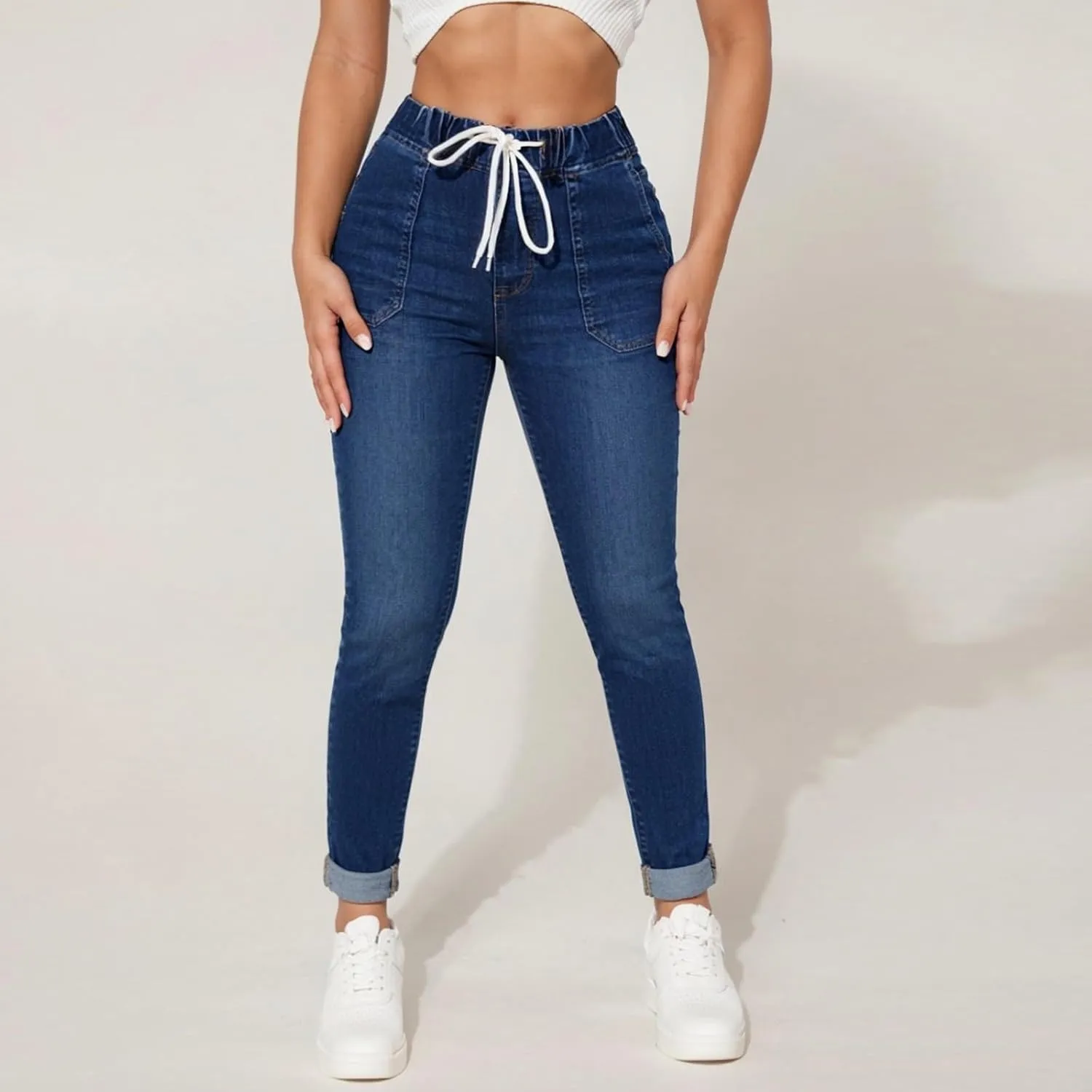 Skinny Jeans for Women Mid Rise Drawstring Elastic Waist Pull on Jean Leggings Jeggings Petite Ladies Denim Joggers
