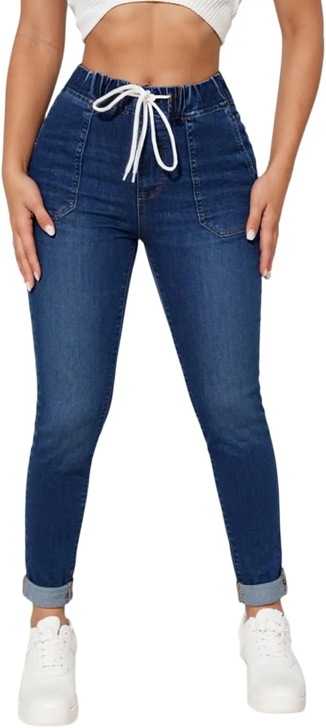 Skinny Jeans for Women Mid Rise Drawstring Elastic Waist Pull on Jean Leggings Jeggings Petite Ladies Denim Joggers