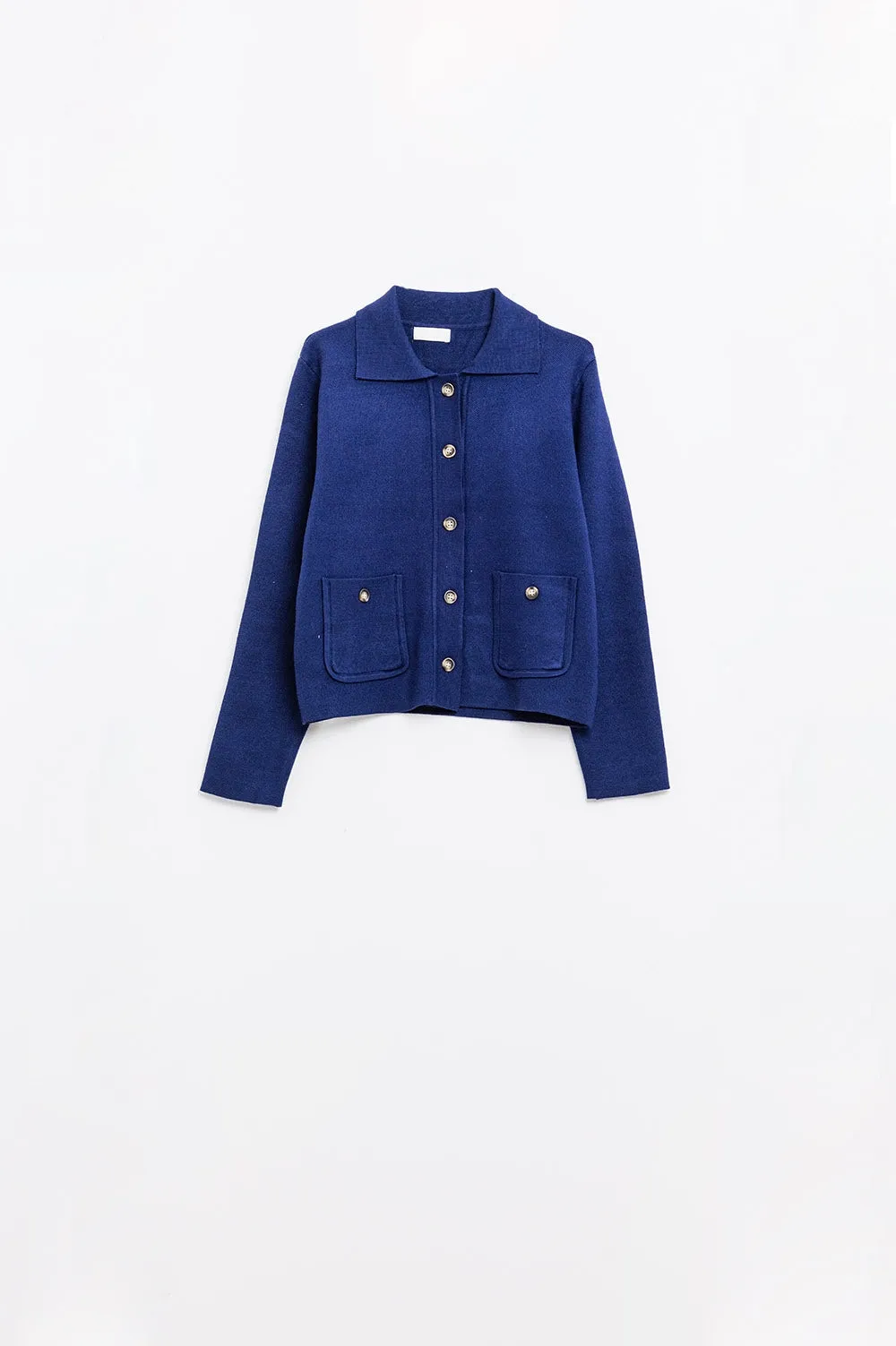 Soft knit cardigan in ink blue with front pockets