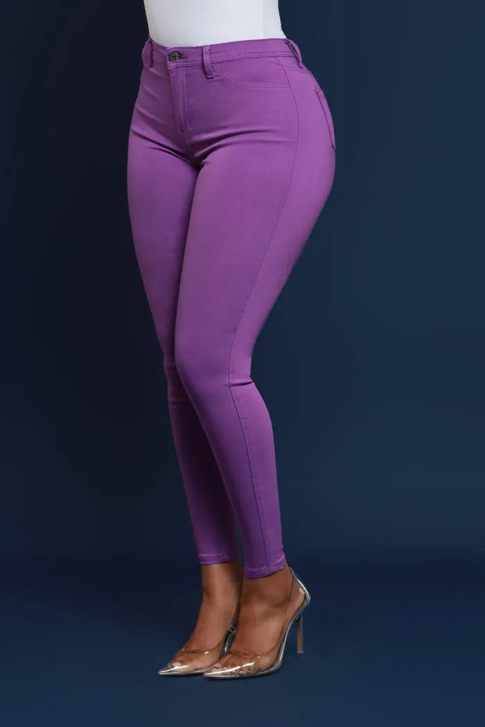 Super Swank High Rise Belt Loop Stretchy Skinny Jeans - Purple Orchid