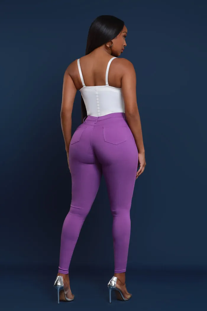 Super Swank High Rise Belt Loop Stretchy Skinny Jeans - Purple Orchid